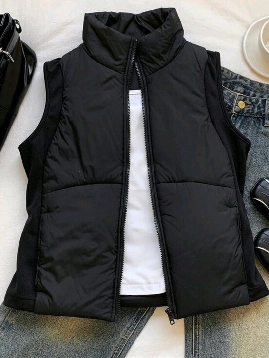 SHEIN Jackets & Blazers - Women Black Quilted Full Zip Vest Size Small Casual Fall Winter Lightweight